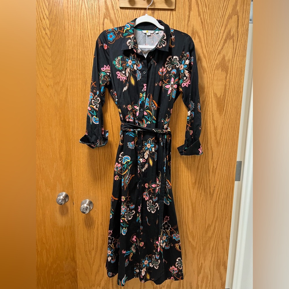 Boden Black Floral Midi Shirt Dress with Multicolor Print
